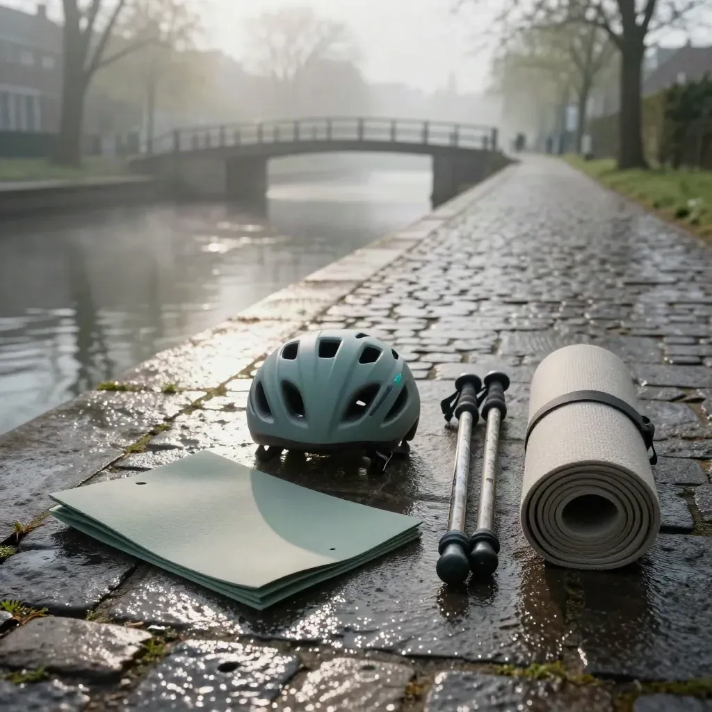 Utrechts kanaalpad na regen met routekaart, fietshelm, wandelstokken en yogamat.