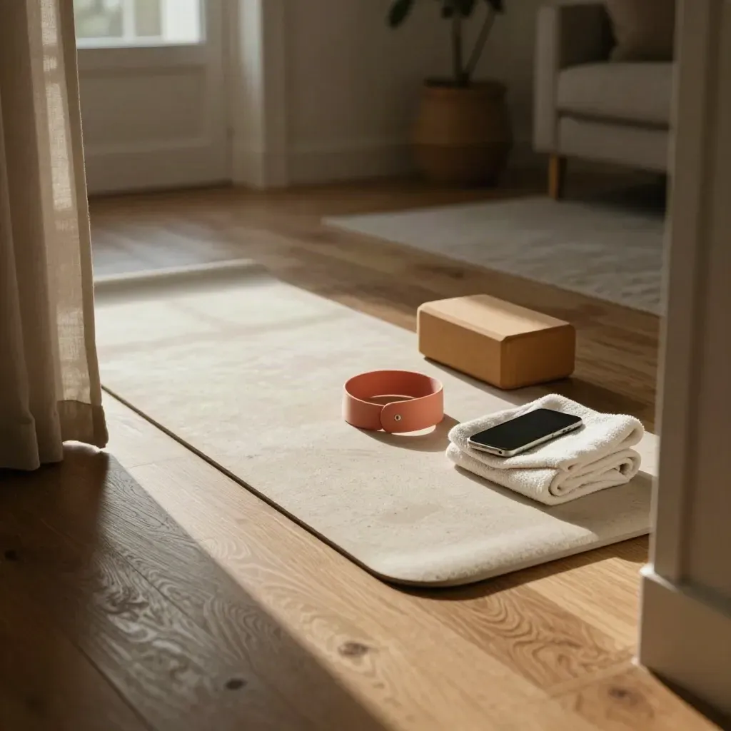 Thuisbeweeghoek met opgerolde yogamat, stepblok, lusband en telefoon naast het raam.