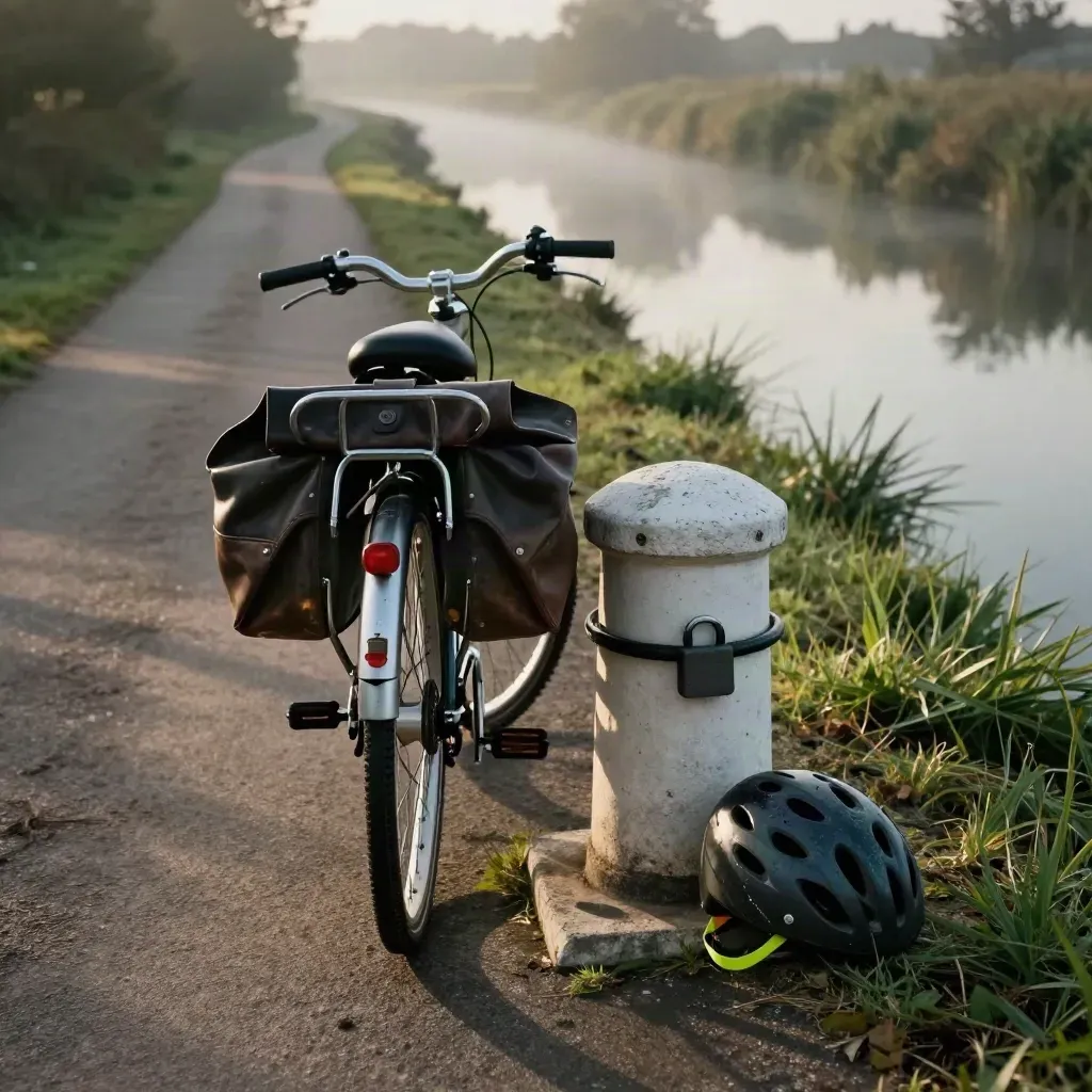 Fietsroutes langs het water met slot, helm en fietstas bij een stenen paal.