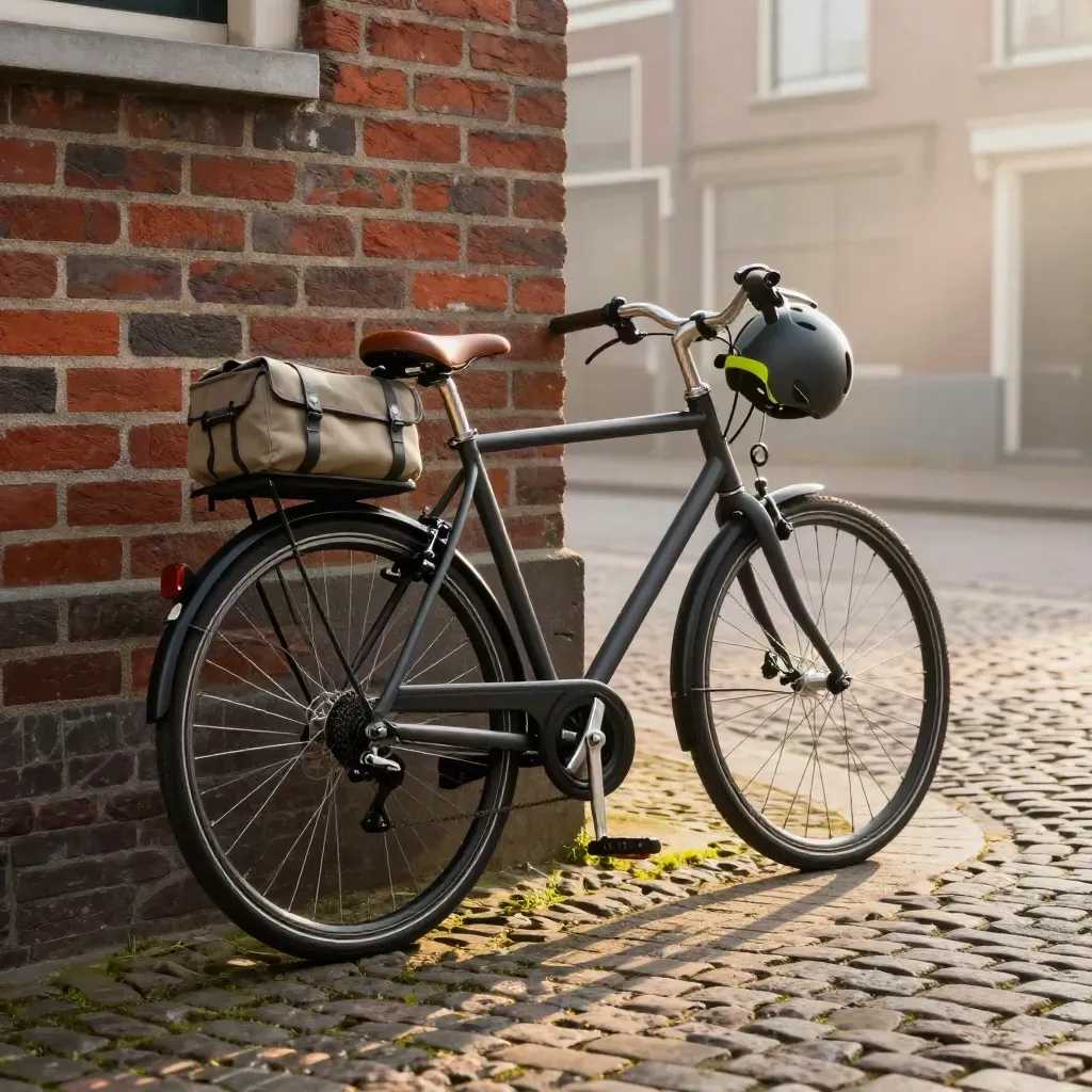 Stadsfiets met helm, slot en routekoffer bij een bakstenen muur in ochtendmist.