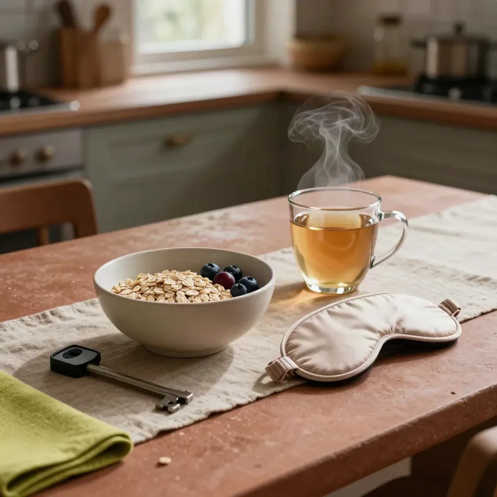 Rustige ontbijttafel met thee, kom, slaapmasker en stappenteller in warme tinten.
