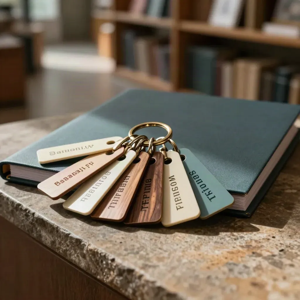 Wijkreferral-set met sleutelhanger, routevormpjes en gesloten binder op een stenen richel.