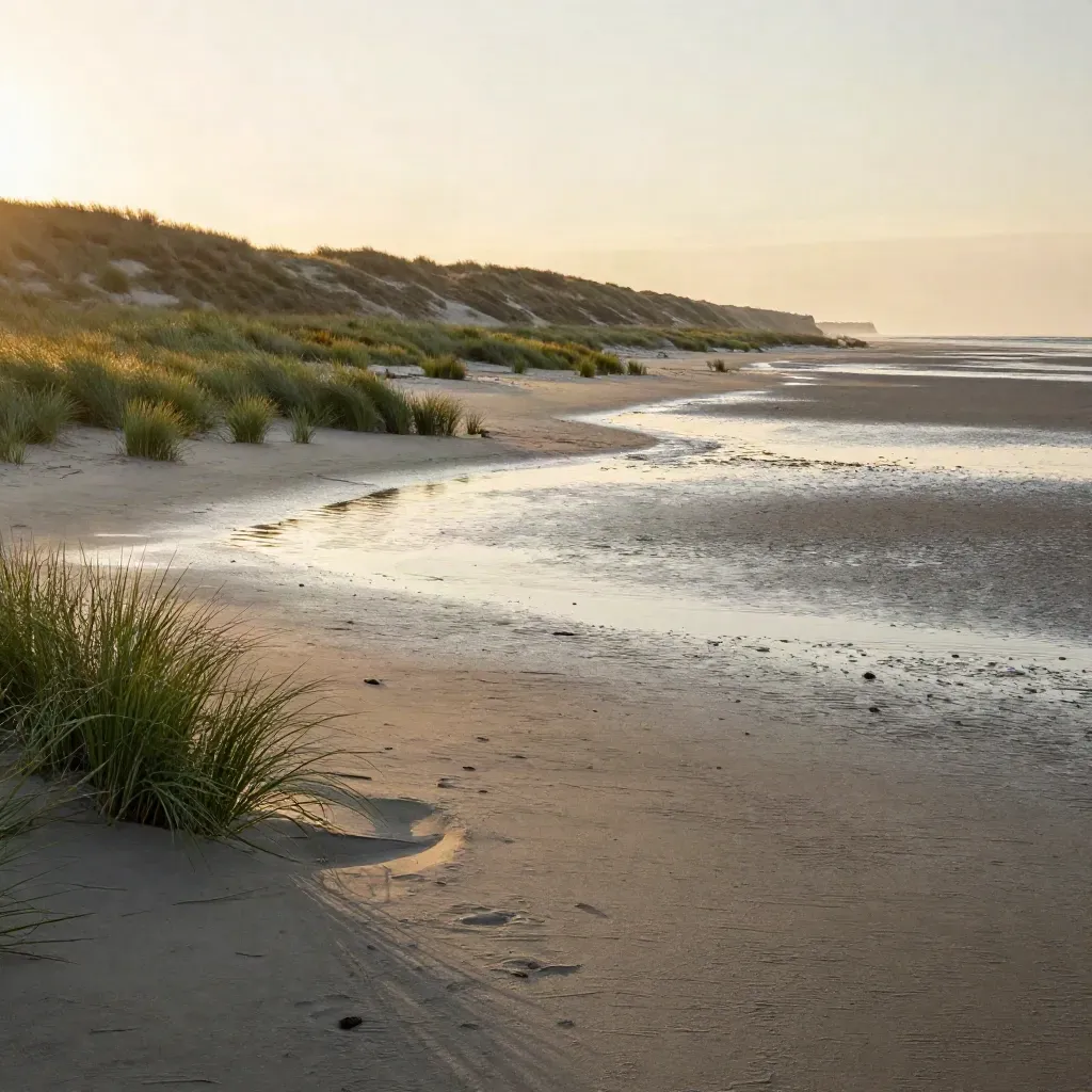 Zonsondergang boven duinen, water en gras in Randstad Noord met rustige ruimte voor tekst