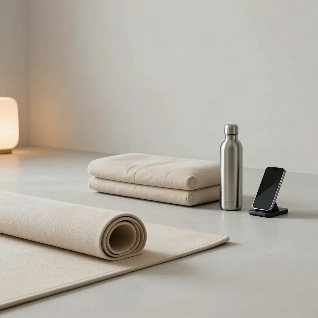 Mat, balancekussen, waterfles en telefoonhouder in een rustige hoek met zacht licht.