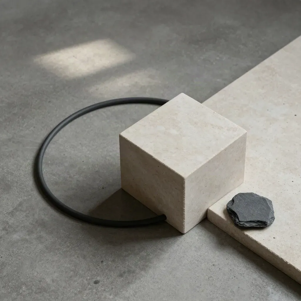 Overhead flatlay van weerstandsband, stapblok en markersteen op grijs beton.